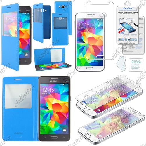 Ebeststar ® Film Verre Trempé Pour Samsung Galaxy Grand Prime Value Edition Sm-G531f, Grand Prime Sm-G530fz G530f Housse Pochette Protection Coque Cover L-View Portefeuille Livre, Couleur Bleu