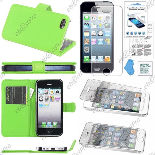 Ebeststar ® Housse Portefeuille Coque Etui Protection Folio Pour Apple Iphone 5s, 5, Couleur Vert + 1 Film Verre Trempé