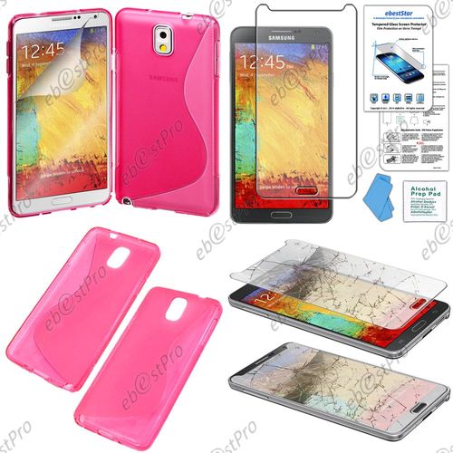 Ebeststar ® Film Verre Trempé Pour Samsung Galaxy Note 3 Gt-N9000, N9002, N9005 Coque S-Line Silicone Gel Motif Vague Housse Etui Protection Souple, Couleur Rose