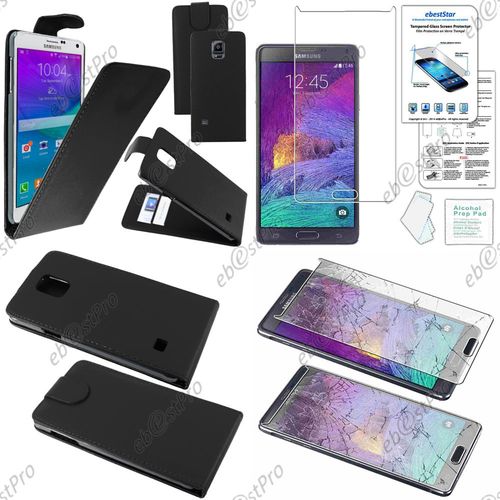 Ebeststar ® Film Verre Trempé Pour Samsung Galaxy Note 4 N910f Housse Simili Cuir À Clapet Coque Etui, Couleur Noir