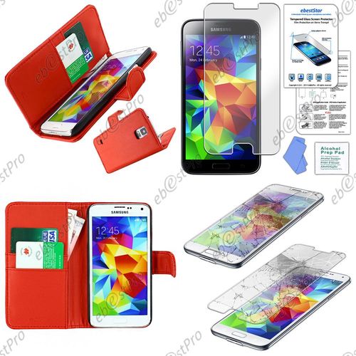 Ebeststar ® Film Verre Trempé Pour Samsung Galaxy S5 Sm-G900f, G900, G900h Etui Portefeuille Housse Protection Folio Coque, Couleur Rouge