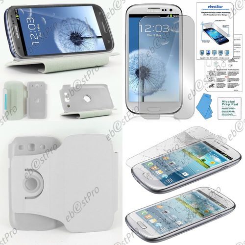 Ebeststar ® Coque Etui Pu Cuir Housse Rotative Support À Rotation 36° Pour Samsung Galaxy S3 I9300 I9305, Couleur Blanc + 1 Film Verre Trempé