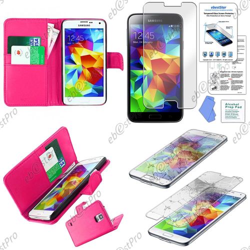 Ebeststar ® Housse Coque Etui Portefeuille Folio Book Livre Simili Cuir Pour Samsung Galaxy S5 Sm-G900f, G900, G900h, Couleur Rose + Film Verre Trempé