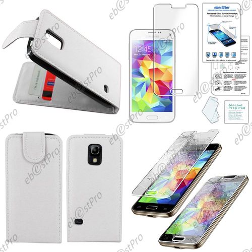 Ebeststar ® Film Verre Trempé Pour Samsung Galaxy S5 Mini Sm-G800 G800f G800h Housse Simili Cuir À Clapet Coque Etui, Couleur Blanc