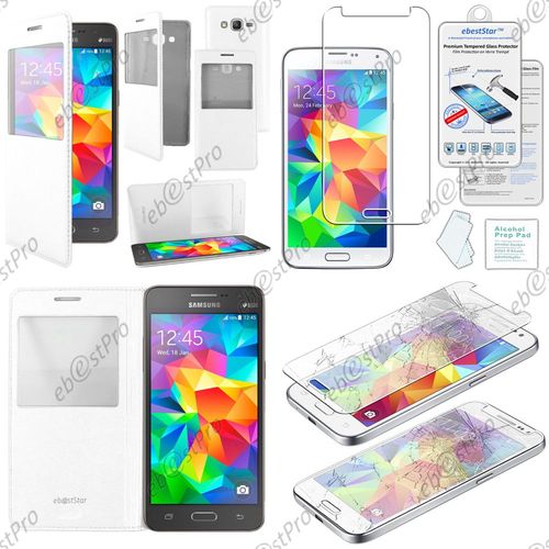 Ebeststar ® Housse Pochette Protection Coque Etui Type S-View Pour Samsung Galaxy Grand Prime Value Edition Sm-G531f, Grand Prime Sm-G530fz G530f, Couleur Blanc + 1 Film Verre Trempé