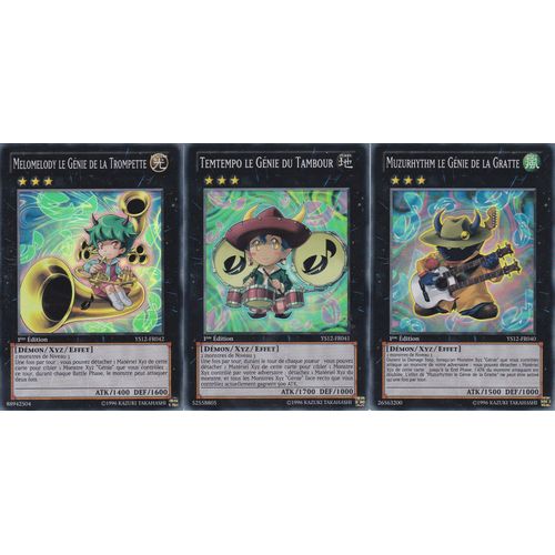 3 Cartes Yu-Gi-Oh Super Rare - Muzurhythm Le Genie De La Gratte Ys12-Fr040  +Temtempo Le Genie Du Tambour Ys12-Fr041 + Melomelody Le Genie De La Trompette Ys12-Fr042 - 1er Edition - Deck Musical -
