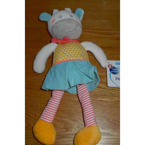 Doudou Vache Mots D'enfants Jupe Velours Bleu Vert Jaune Triangles Blancs Jambes Rayes Peluche Bebe Naissance 