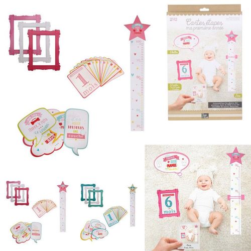 Coffre 1ère Année Fille - 12 Cartes 1 À 12 Mois + 3 Cadres + 6 Bulles + 1 Toise - Rose