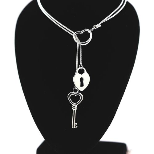 Pendentif Collier Coeur Clef Serrure Argent 925 + Chaine