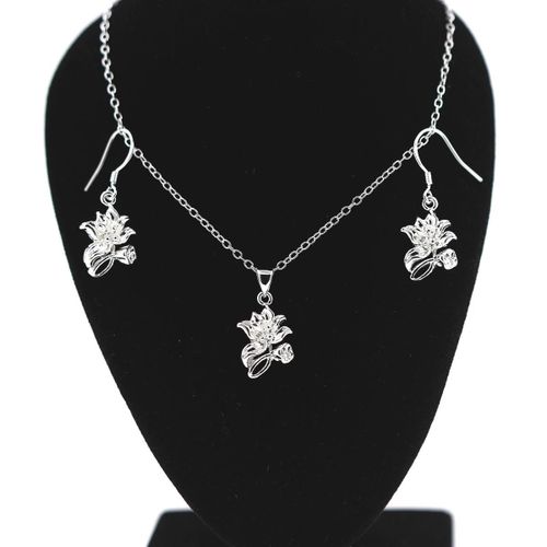 Parure Boucles D'oreille Pendentif + Chaine Fleurs Argent 925