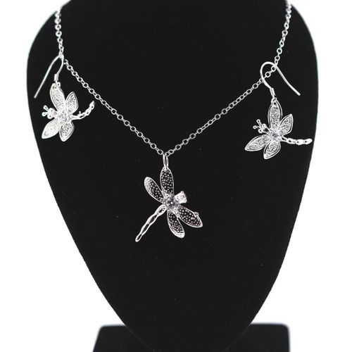 Parure Boucles D'oreille Pendentif + Chaine Libellule Argent 925
