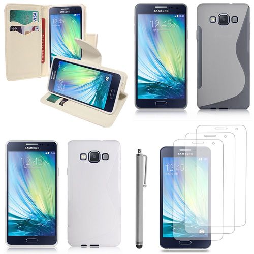 Samsung Galaxy A3 Sm-A300f Sm-A300fu/ A3 Duos Sm-A300f/Ds A300g/Ds A300h/Ds A300m/Ds: Lot Coque Etui Housse Pochette Accessoires Silicone Gel Films Stylet Portefeuille Support Video Cuir Pu Effet Tissu - Blanc