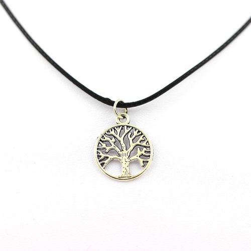 Pendentif Collier Arbre De Vie Métal Argenté + Cordon Cuir