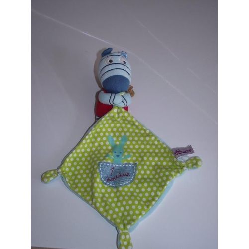 Doudou Pommette Zebre Bleu Mouchoir Vert