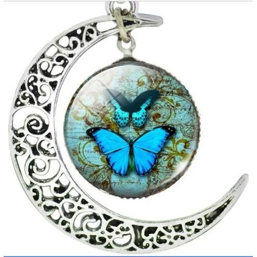 Collier Lune Papillons Bleus