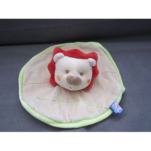 Doudou Plat Rond Lion Beige Et Vert Anis Sucre D'orge