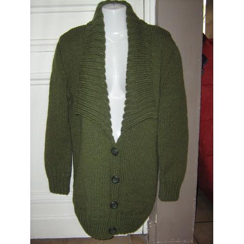 Gilet Grand Col Vert T. 38/40 Tricoté Main Neuf