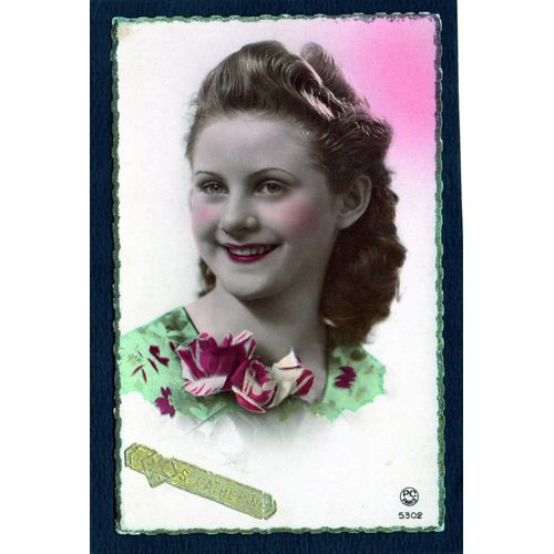 Carte Postale Ancienne, France, Sainte Catherine, Buste De Jeune Fille Souriante, Robe Verte