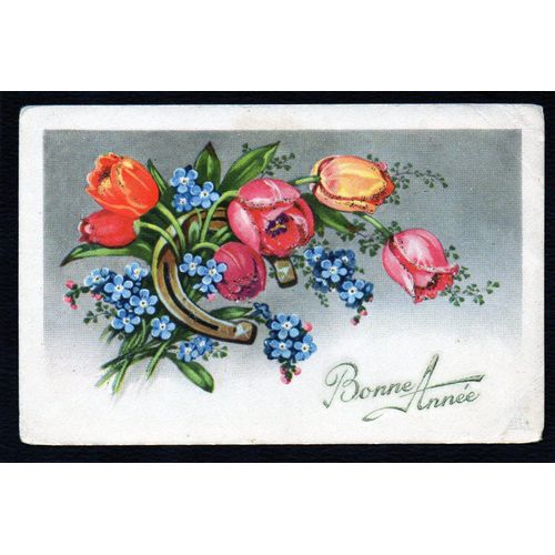 Carte Postale Ancienne, Bonne Année, Bouquet De Fleurs Pailletées ( Tulipes Et Myosotis ), Fer À Cheval