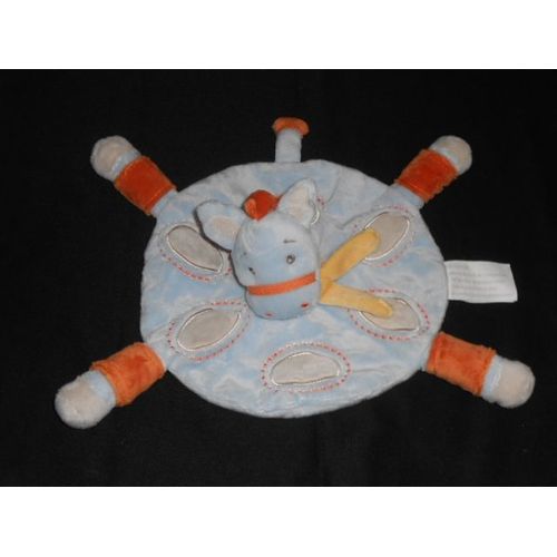 Doudou Plat Rond Poney Cheval Bleu Orange Et Écharpe Jaune - Kimbaloo La Halle 