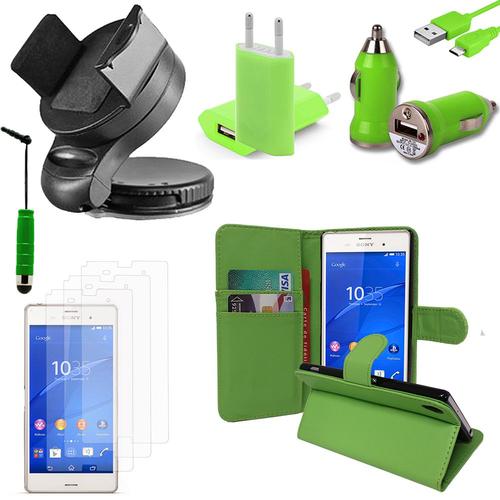 Sony Xperia Z3/ Z3 Dual D6603 D6643 D6653 D6616 D6633: Lot Etui Housse Coque Pochette Accessoires Support Chargeur Voiture Films Stylet Portefeuille Support Video - Vert