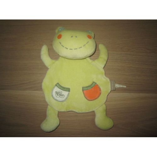 Doudou Natalys, Grenouille, Plat, Vert, Joues Orange, Brodé Feuilles