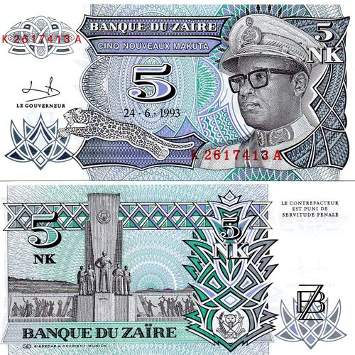 Zaire  5 Nouveaux Makuta 1993 Neuf Unc