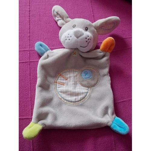 Doudou Peluche Lapin Chien Nicotoy Plat Gris Ronds Bleu Vichy Beige