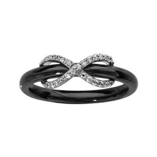 Bague Argent Rhodié Céramique Noire Oxydes Blancs Sertis