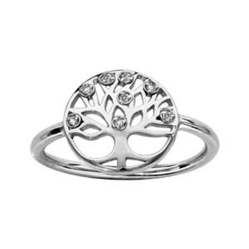 Bague Argent Rhodié Rondelle Motif Arbre De Vie Pierres Blanches