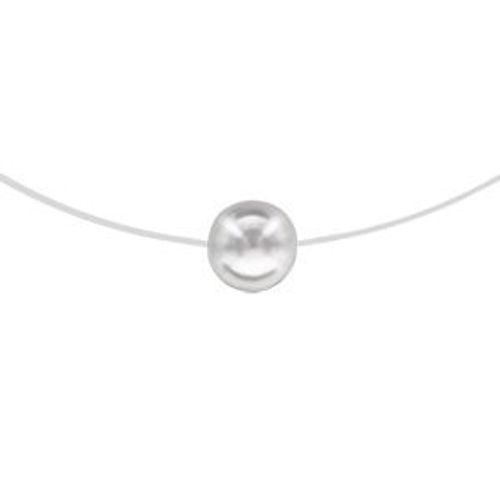 Collier Argent Rhodié Fil Nylon Perle Blanche 8mm 42cm