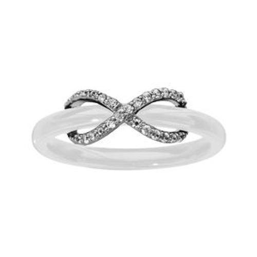 Bague Argent Rhodié Céramique Blanche Oxydes Blancs Sertis