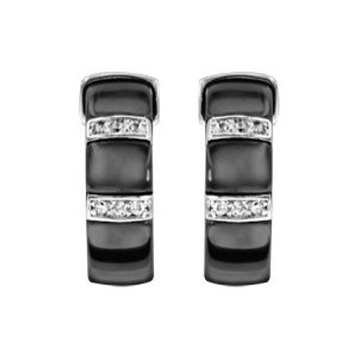 Boucles D'oreille Tige Argent Rhodié Massif Demi Créoles Céramique Noire 2 Barrettes Oxydes Micro Sertis Blancs