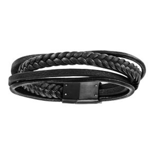 Bracelet Acier Et Cuir Noir Multifils 19,5cm