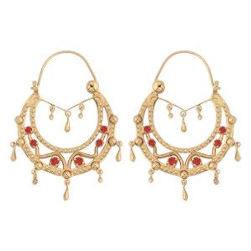 Créoles Ethniques Plaqué Or Cristal Rouge Avec Chaînette Diamètre 33mm