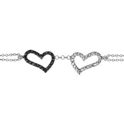 Bracelet Argent Rhodié Double Chaîne 2 Coeurs Pierres Noires Et Oxydes Blancs Sertis 16+3cm