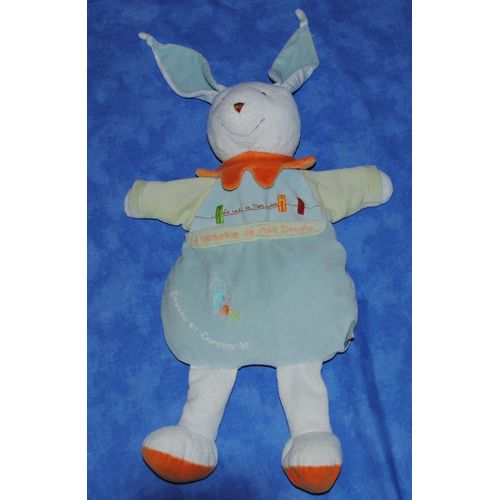 Lapin Range Pyjama Doudou Et Compagnie La Cachette De Mon Doudou Bleu Orange Vert Peluche 60 Cm + Oreilles 22 Cm