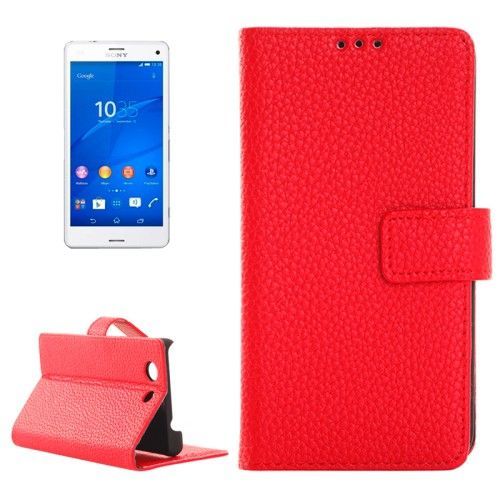 Etui Cuir Sony Xperia Z3 Compact Rouge Litchi Texture Clapet Horizontal Smart