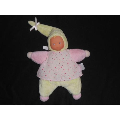 Doudou Peluche Semi Plat Poupée Poupon Lutin - Rose Vert Anis - Robe Tissu Rose Et Pois Rouge - 25 Cm - Grelot - Corolle