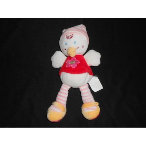 Doudou Peluche 25 Cm Oiseau Poussin Blanc Rouge Rose Rayé Jaune - Nicotoy