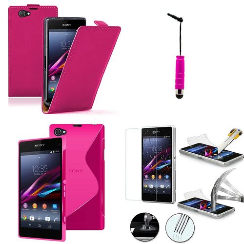 Sony Xperia Z1 Compact D5503: Lot Coque Etui Housse Pochette Accessoires Silicone Gel Cuir Slim Ultra Fine Couleur: Rose + 1 Stylet Tactile + 1 Film Verre Trempé