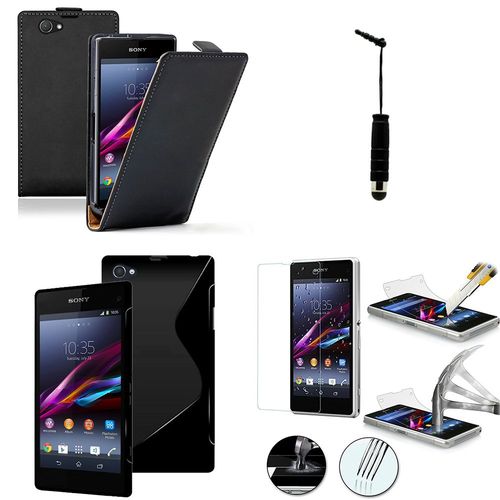 Sony Xperia Z1 Compact D5503: Lot Coque Etui Housse Pochette Accessoires Silicone Gel Cuir Slim Ultra Fine Couleur: Noir + 1 Stylet Tactile + 1 Film Verre Trempé