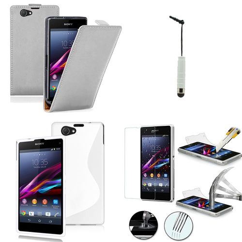 Sony Xperia Z1 Compact D5503: Lot Coque Etui Housse Pochette Accessoires Silicone Gel Cuir Slim Ultra Fine Couleur: Blanc + 1 Stylet Tactile + 1 Film Verre Trempé