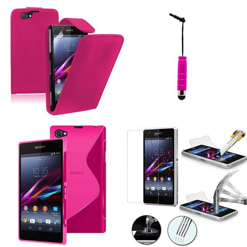 Sony Xperia Z1 Compact D5503: Lot Coque Etui Housse Pochette Accessoires Silicone Gel Simili Cuir Couleur: Rose + 1 Stylet Tactile + 1 Film Verre Trempé