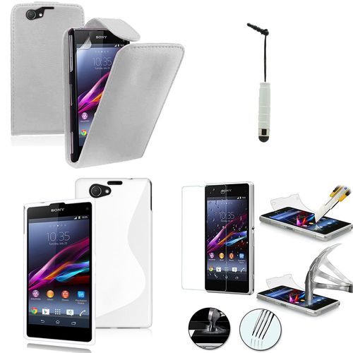 Sony Xperia Z1 Compact D5503: Lot Coque Etui Housse Pochette Accessoires Silicone Gel Simili Cuir Couleur: Blanc + 1 Stylet Tactile + 1 Film Verre Trempé