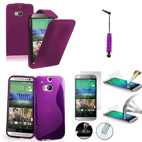 Htc One (M8)/ One M8s/ Dual Sim/ (M8) Eye/ M8 For Windows: Lot Coque Etui Housse Pochette Accessoires Silicone Gel Simili Cuir Couleur: Violet + 1 Stylet Tactile + 1 Film Verre Trempé