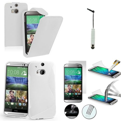 Htc One (M8)/ One M8s/ Dual Sim/ (M8) Eye/ M8 For Windows: Lot Coque Etui Housse Pochette Accessoires Silicone Gel Simili Cuir Couleur: Blanc + 1 Stylet Tactile + 1 Film Verre Trempé