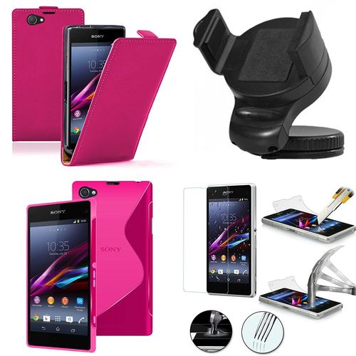 Sony Xperia Z1 Compact D5503: Lot Coque Etui Housse Pochette Accessoires Silicone Gel Cuir Slim Ultra Fine Couleur: Rose + 1 Support Voiture + 1 Film Verre Trempé