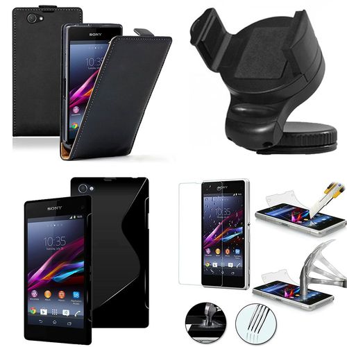 Sony Xperia Z1 Compact D5503: Lot Coque Etui Housse Pochette Accessoires Silicone Gel Cuir Slim Ultra Fine Couleur: Noir + 1 Support Voiture + 1 Film Verre Trempé