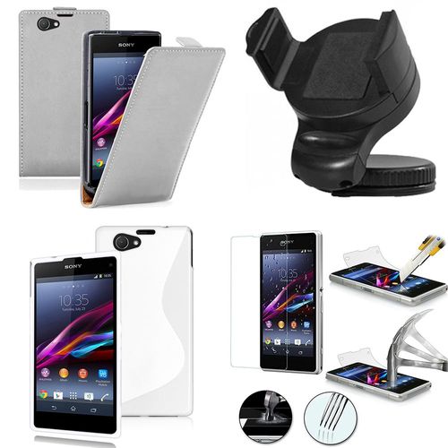 Sony Xperia Z1 Compact D5503: Lot Coque Etui Housse Pochette Accessoires Silicone Gel Cuir Slim Ultra Fine Couleur: Blanc + 1 Support Voiture + 1 Film Verre Trempé